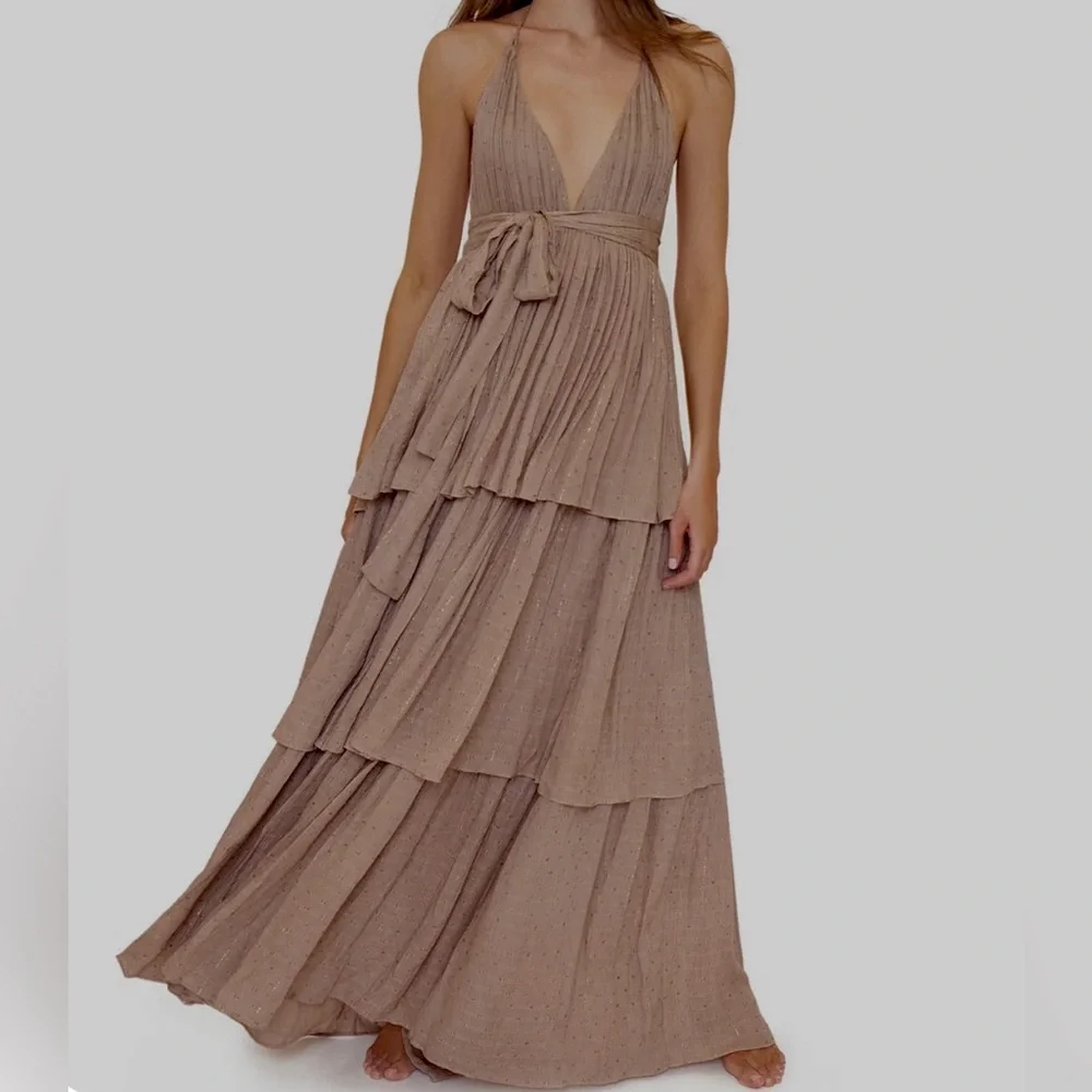 PQ Swim Kristine Tiered Maxi Dress Taupe Neutral Color Gold Thread Swiss Dot NWT - Picture 1 of 8